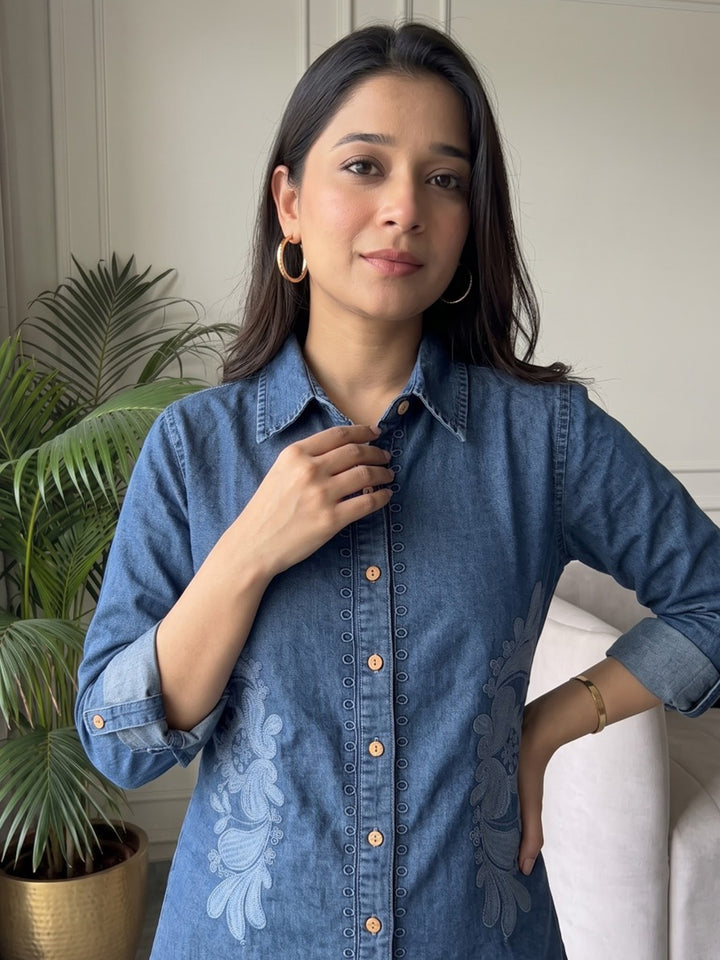 Blue Printed Cotton Blend Kurta Set