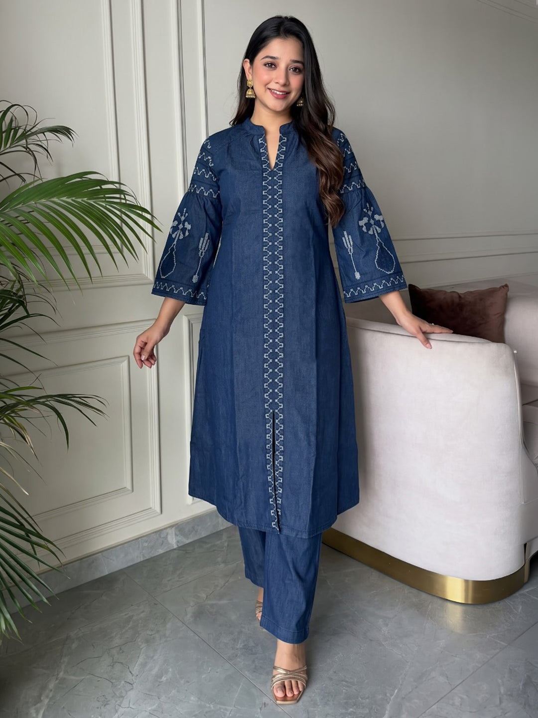 Blue Printed Cotton Blend Kurta Set