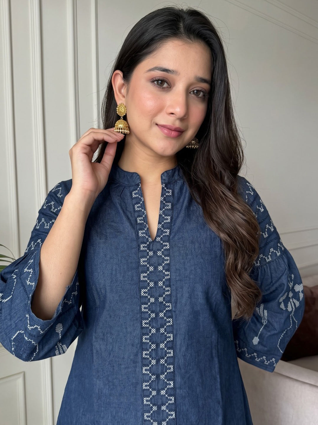 Blue Printed Cotton Blend Kurta Set
