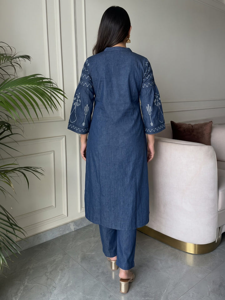 Blue Printed Cotton Blend Kurta Set
