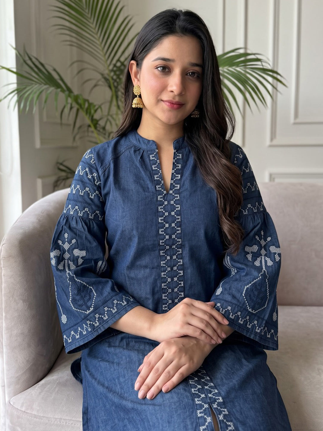 Blue Printed Cotton Blend Kurta Set