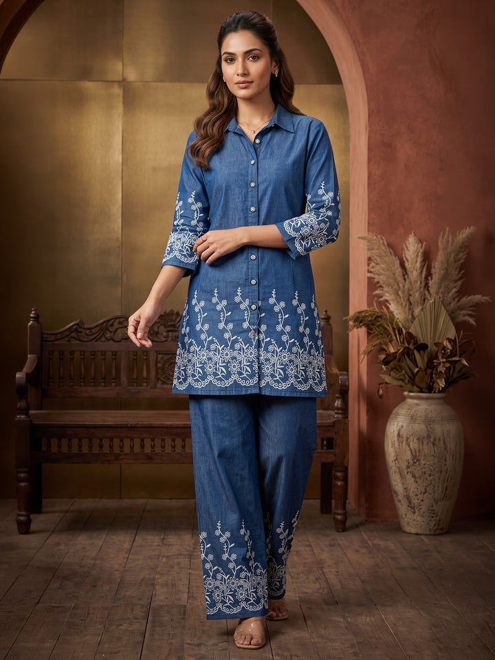 Blue Printed Cotton Blend Kurta Set