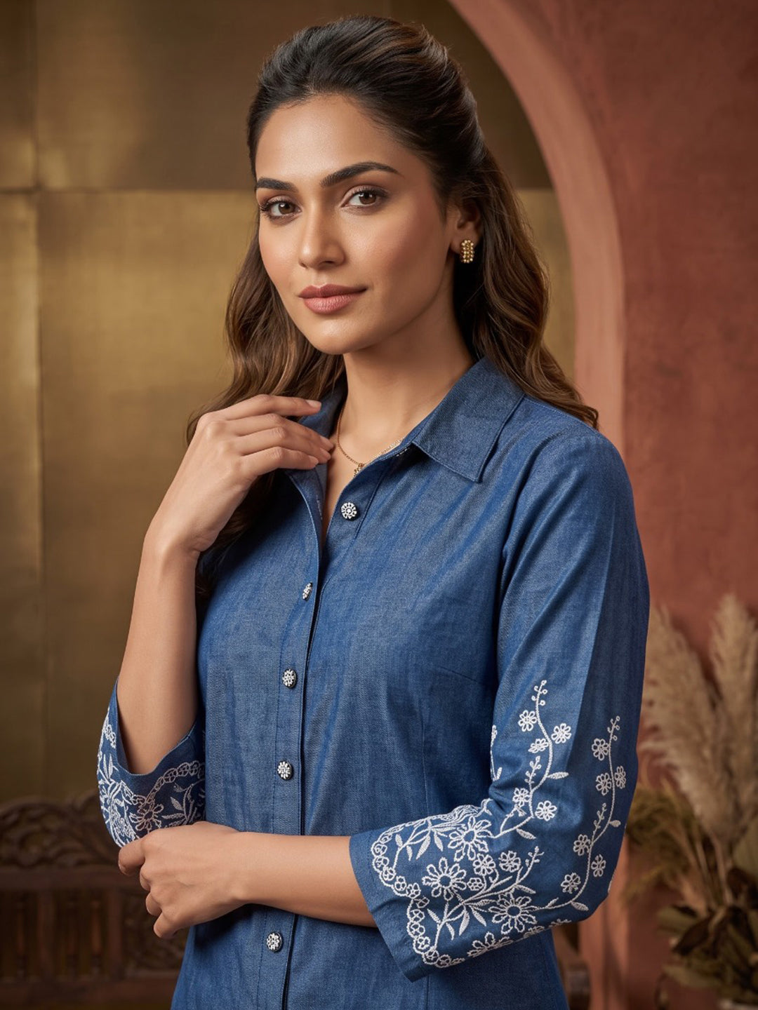 Blue Printed Cotton Blend Kurta Set