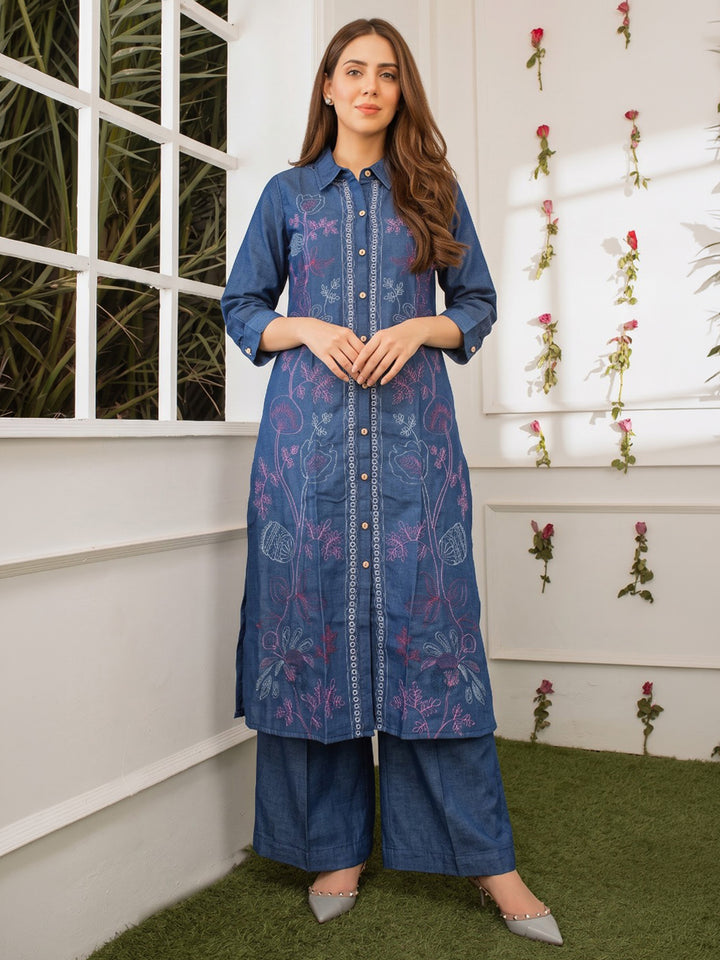 Blue Printed Cotton Blend Kurta Set