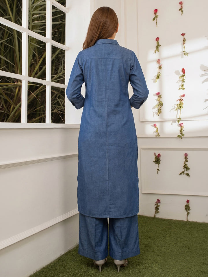Blue Printed Cotton Blend Kurta Set