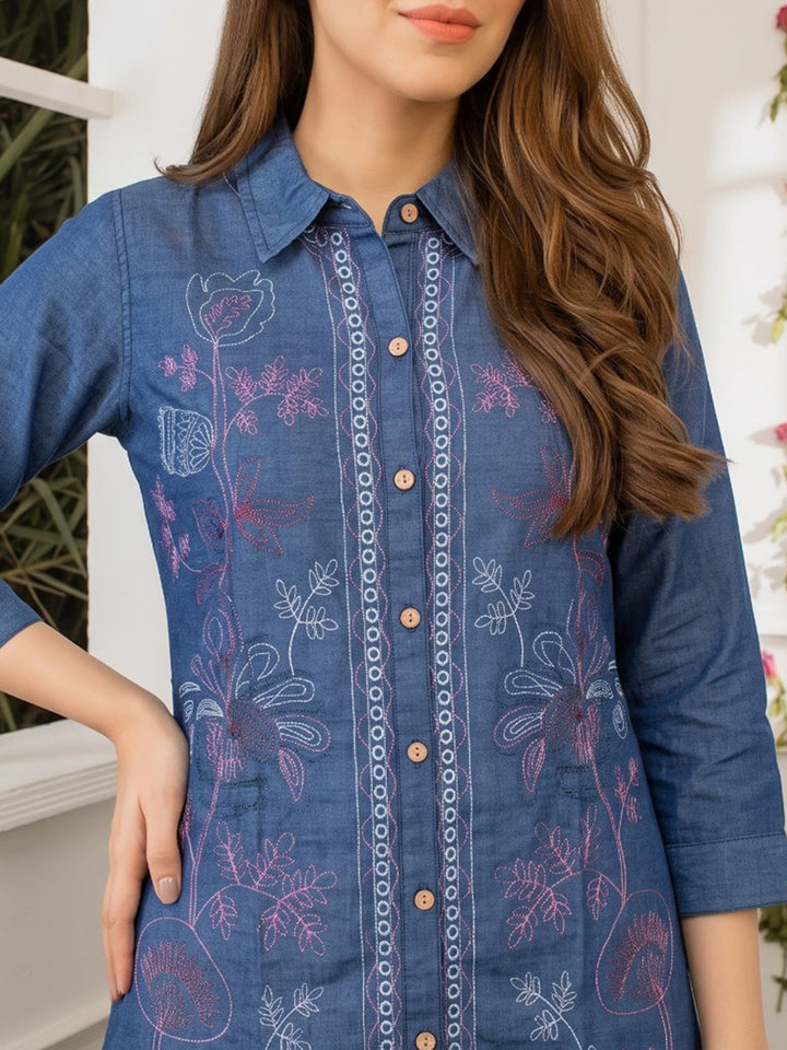 Blue Printed Cotton Blend Kurta Set