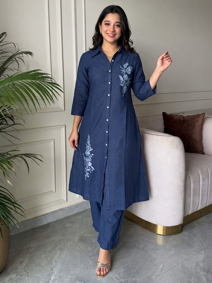 Blue Printed Cotton Blend Kurta Set