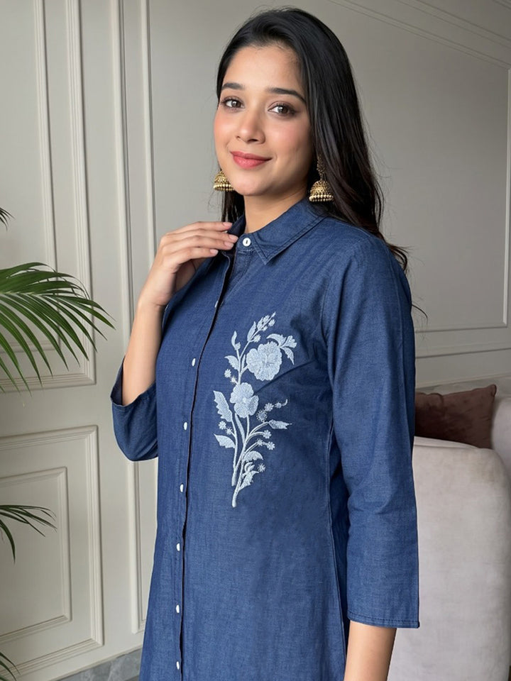 Blue Printed Cotton Blend Kurta Set