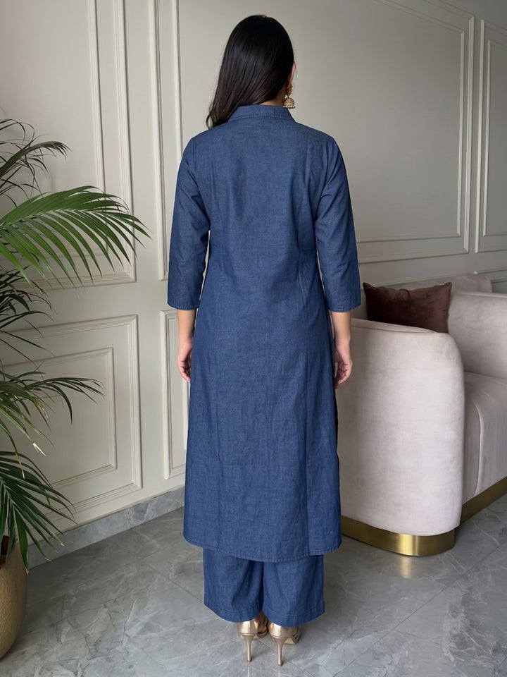 Blue Printed Cotton Blend Kurta Set