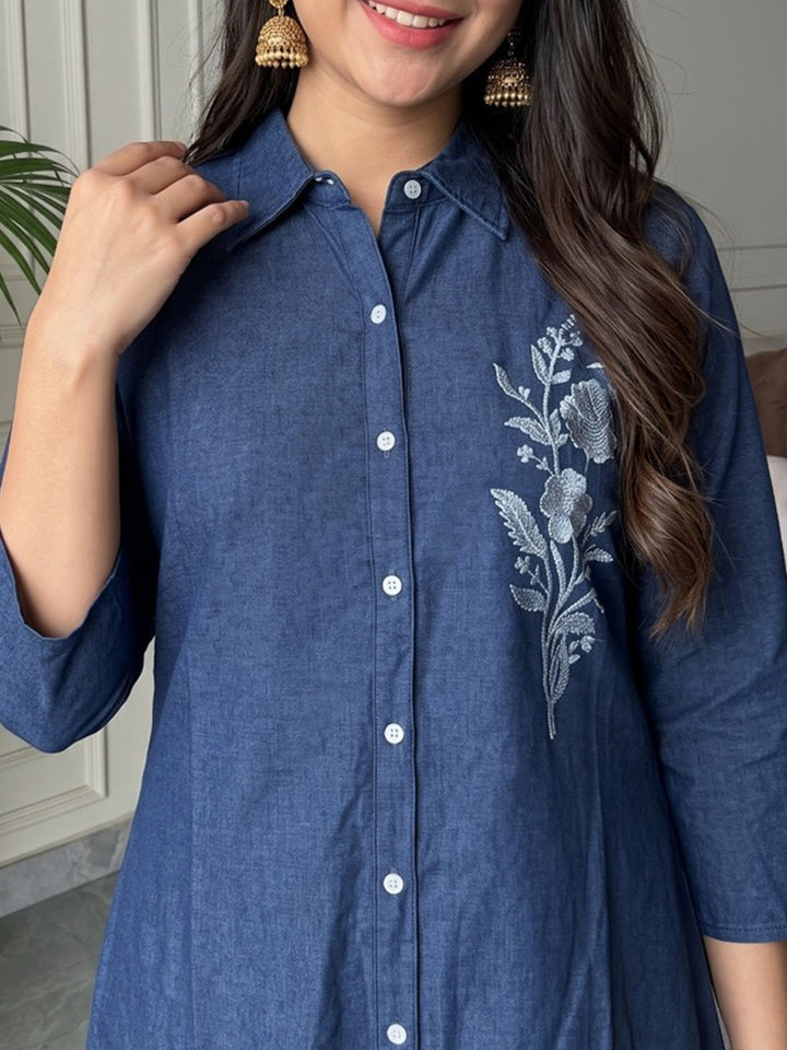 Blue Printed Cotton Blend Kurta Set