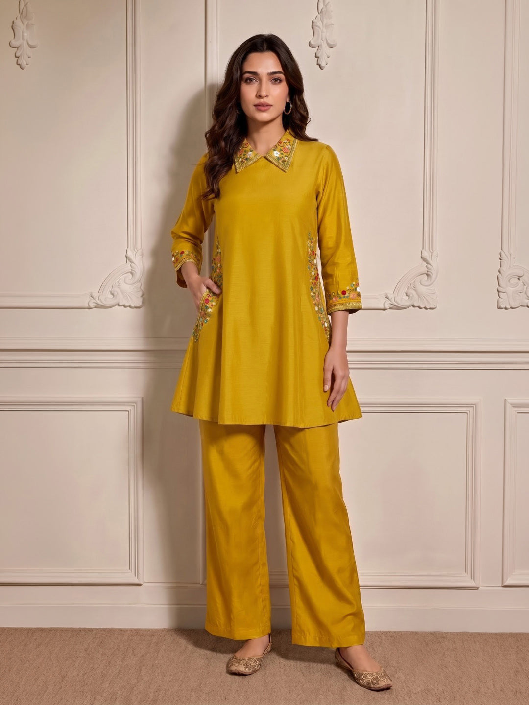 Mustard Embroidered Chanderi Kurta Set