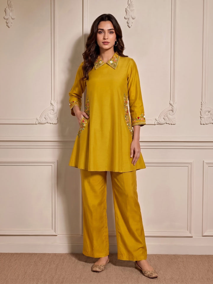 Mustard Embroidered Chanderi Kurta Set
