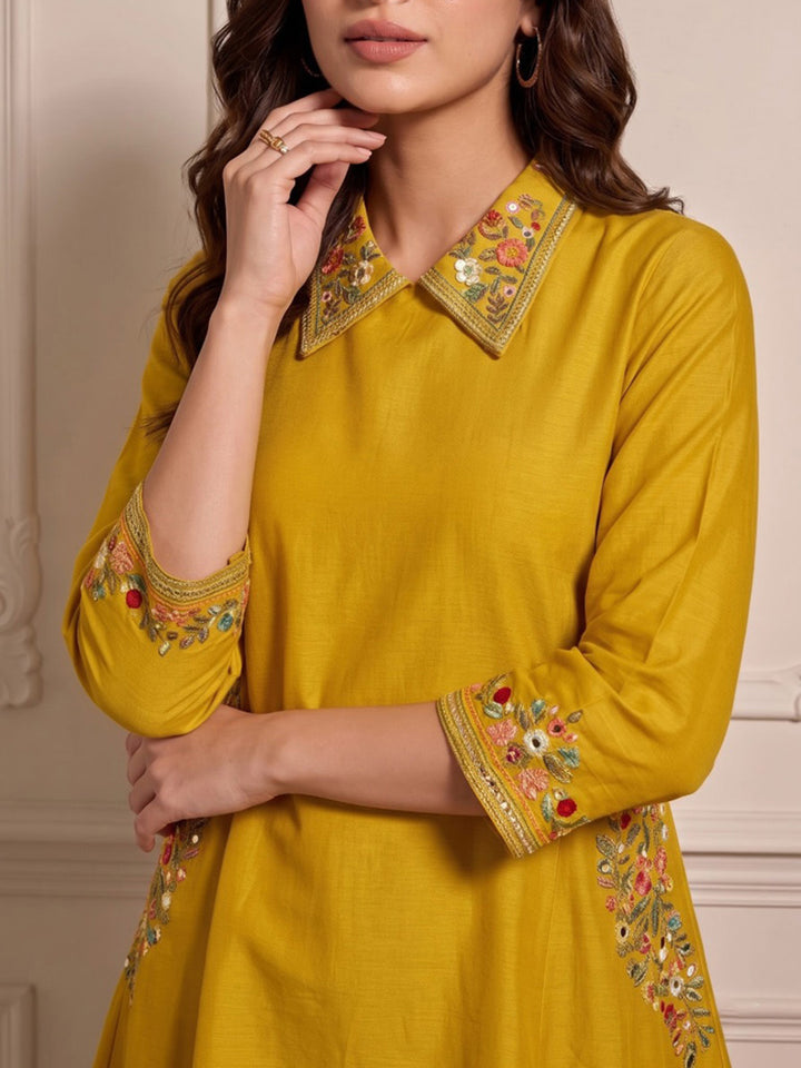 Mustard Embroidered Chanderi Kurta Set