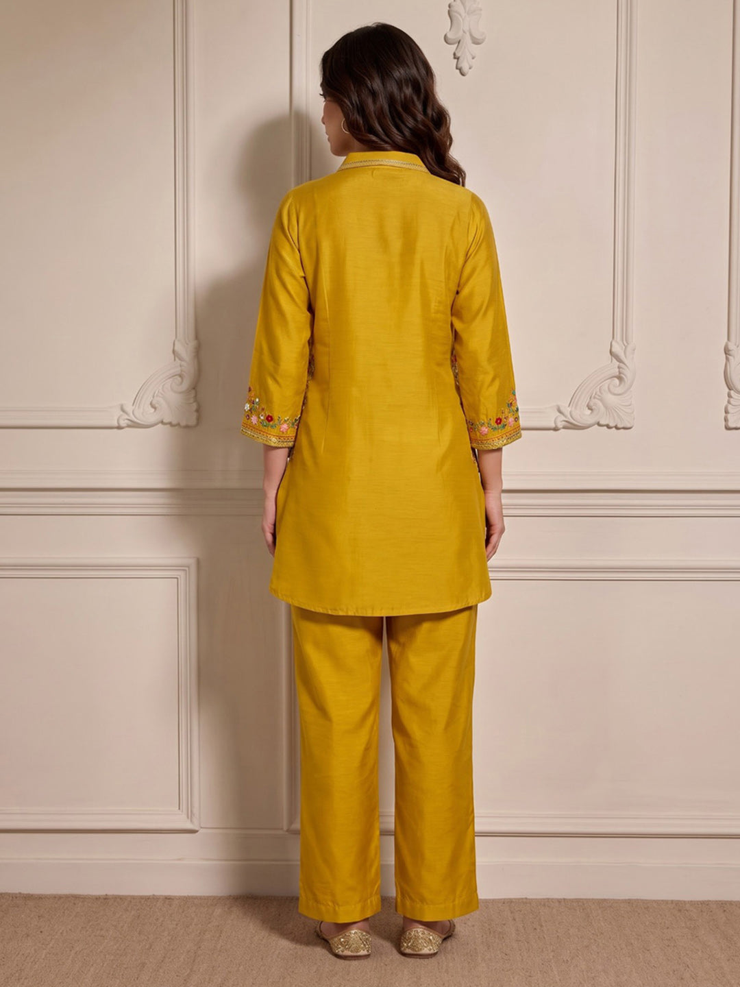 Mustard Embroidered Chanderi Kurta Set