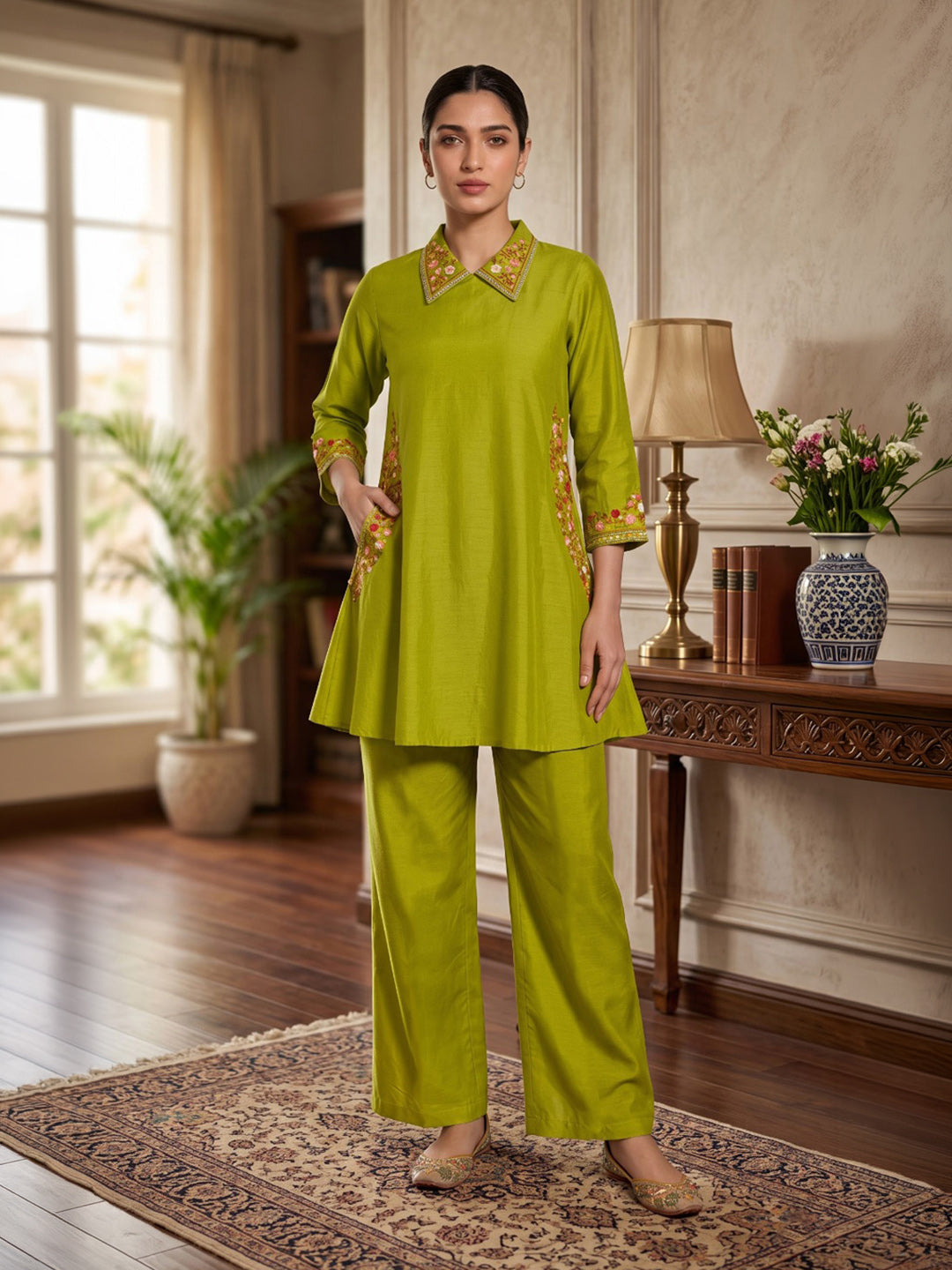 Pista Green Embroidered Chanderi Kurta Set