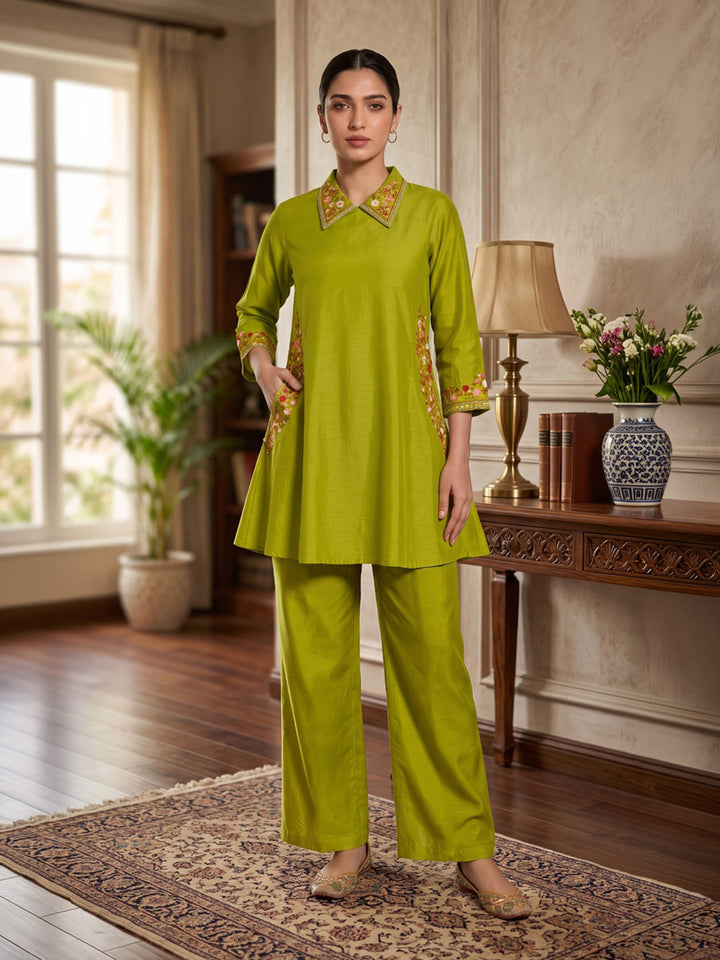 Pista Green Embroidered Chanderi Kurta Set