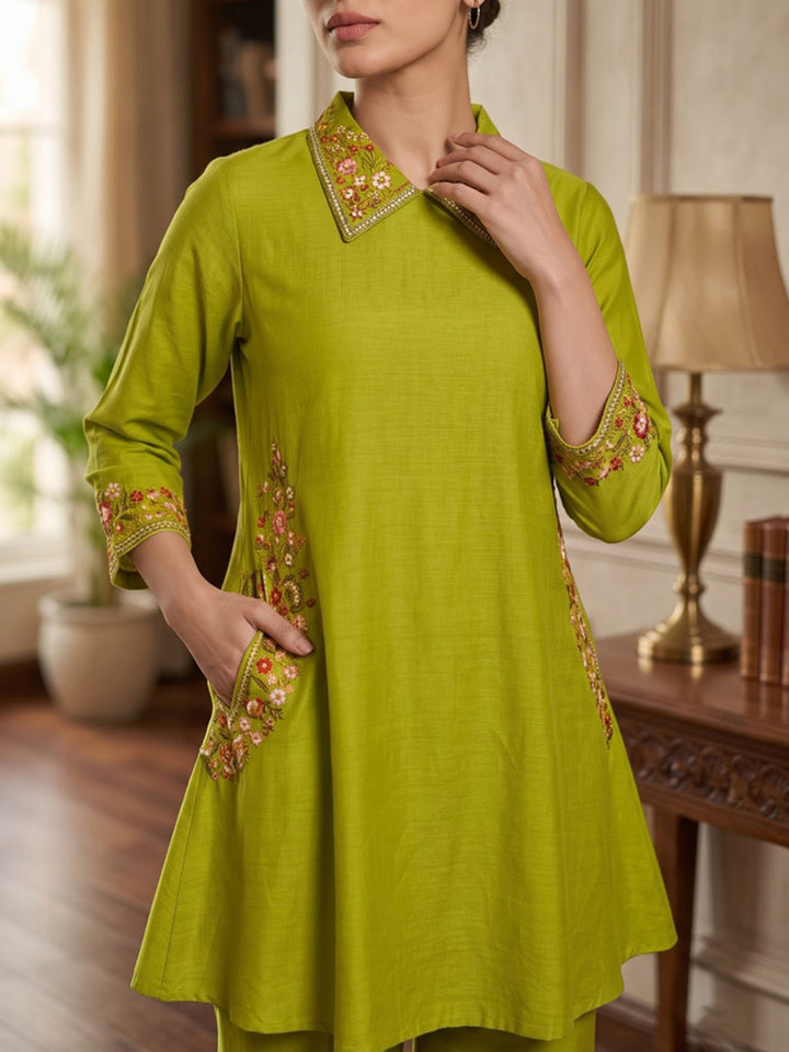 Pista Green Embroidered Chanderi Kurta Set