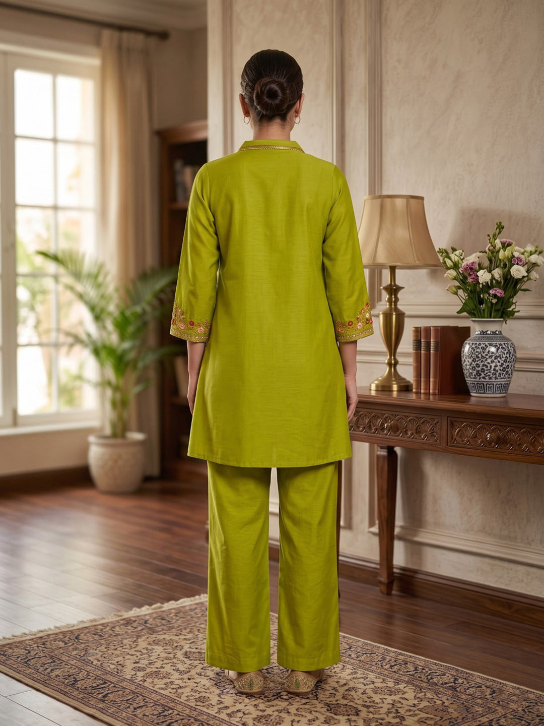 Pista Green Embroidered Chanderi Kurta Set