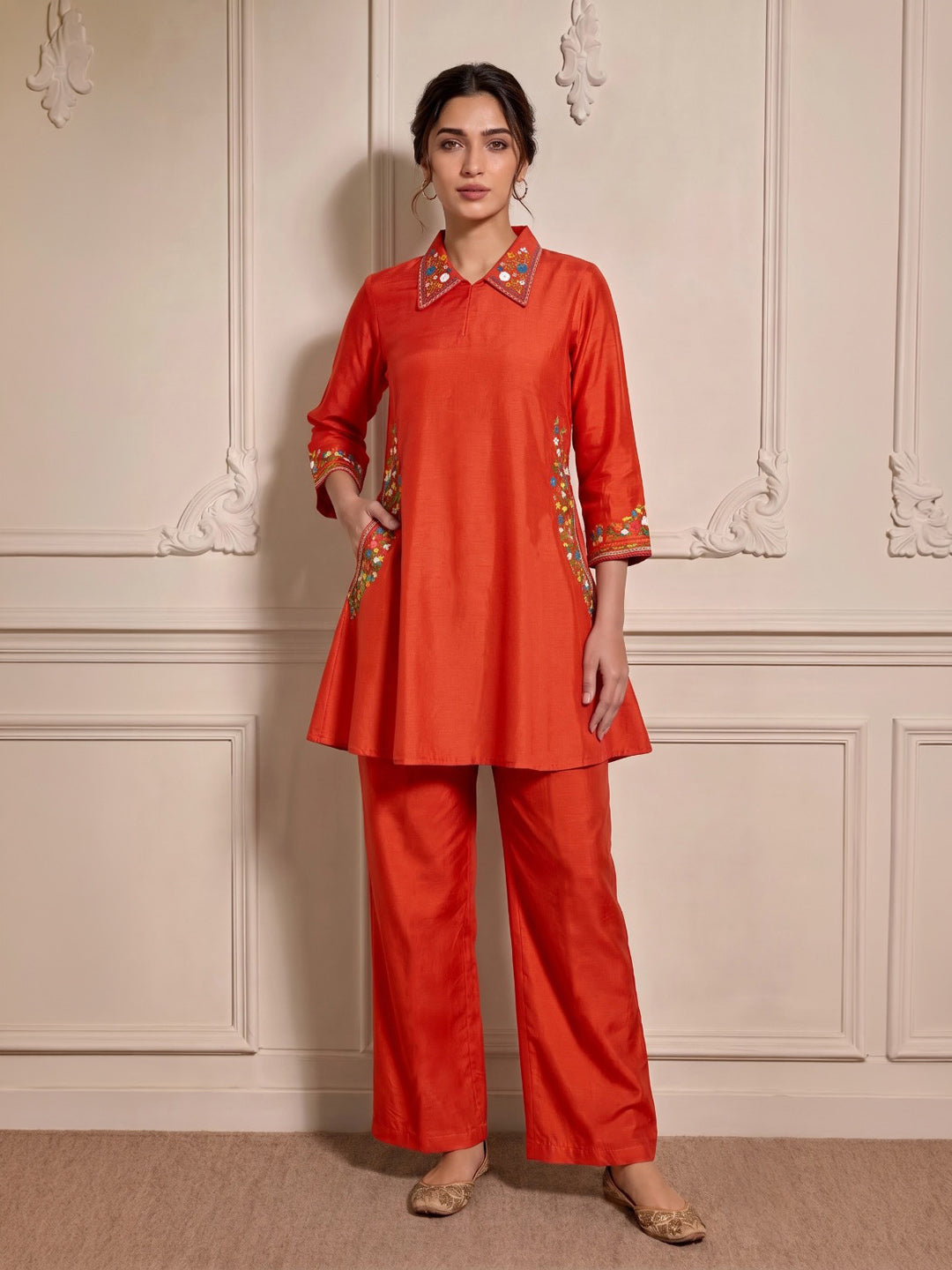 Rust Embroidered Chanderi Kurta Set