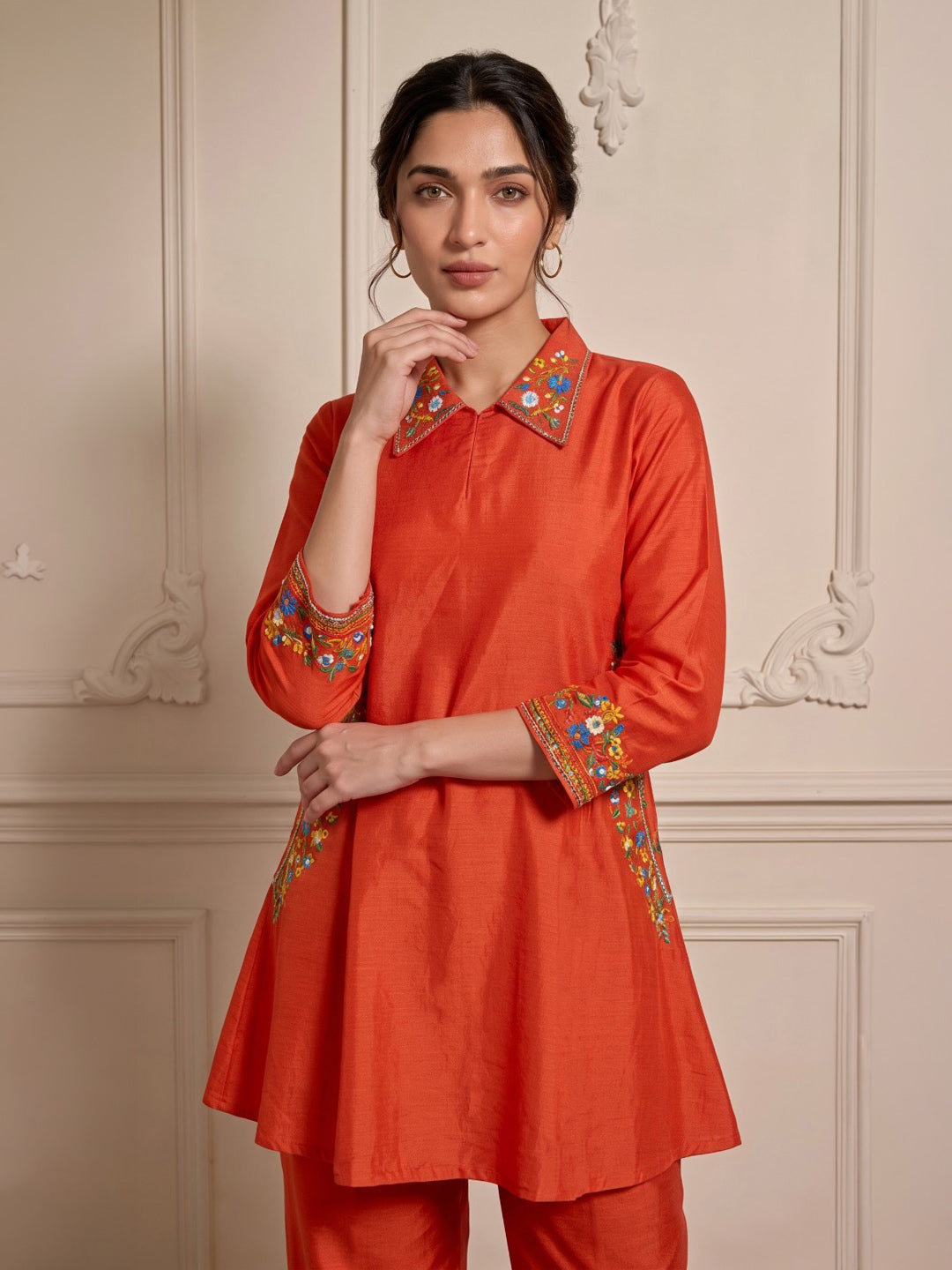Rust Embroidered Chanderi Kurta Set