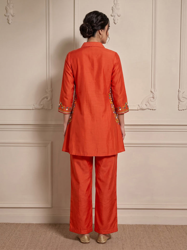 Rust Embroidered Chanderi Kurta Set