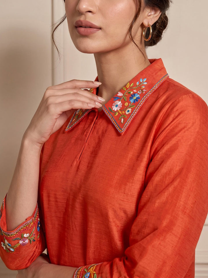 Rust Embroidered Chanderi Kurta Set