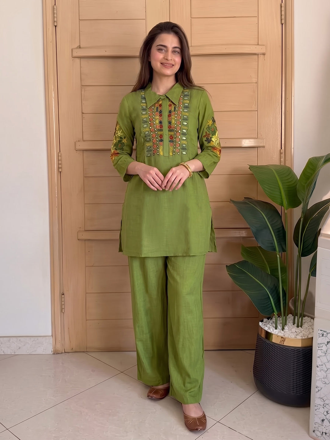 Green Printed Chanderi Kurta Set