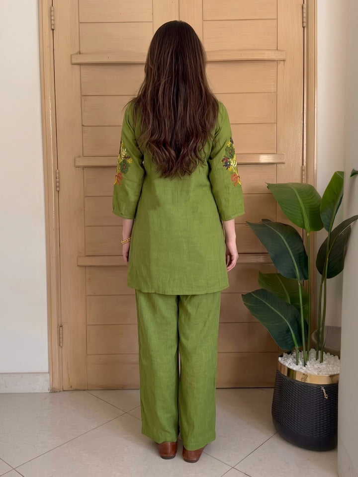 Green Printed Chanderi Kurta Set
