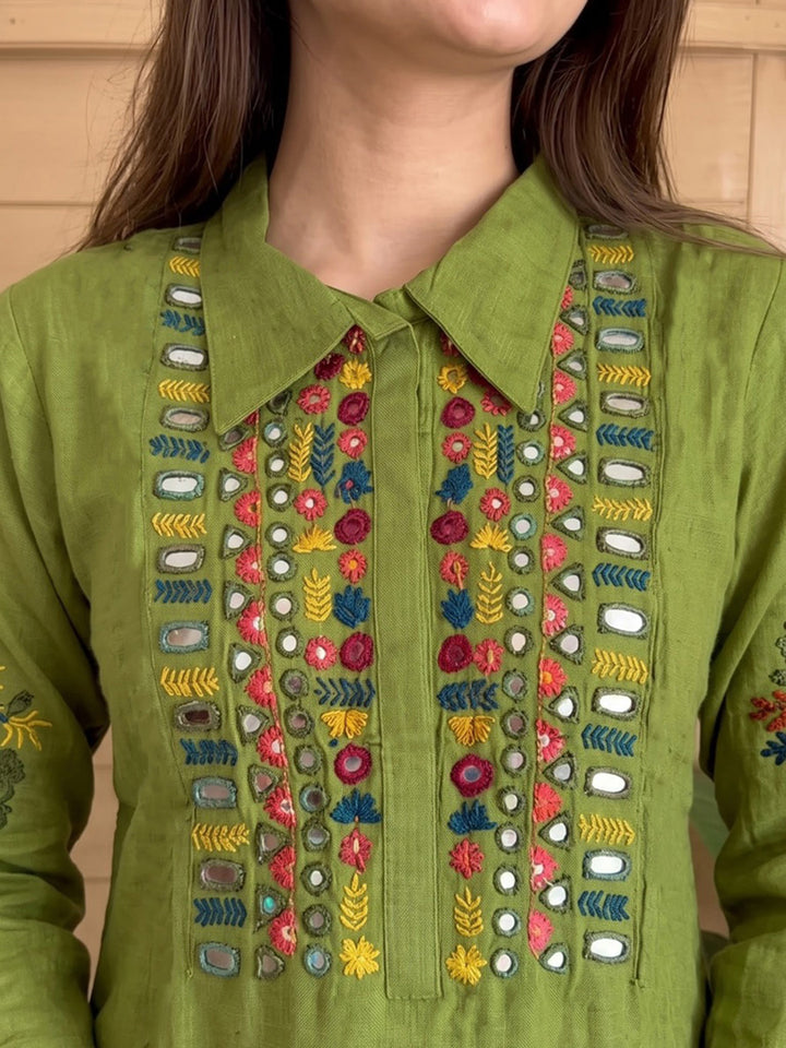 Green Printed Chanderi Kurta Set