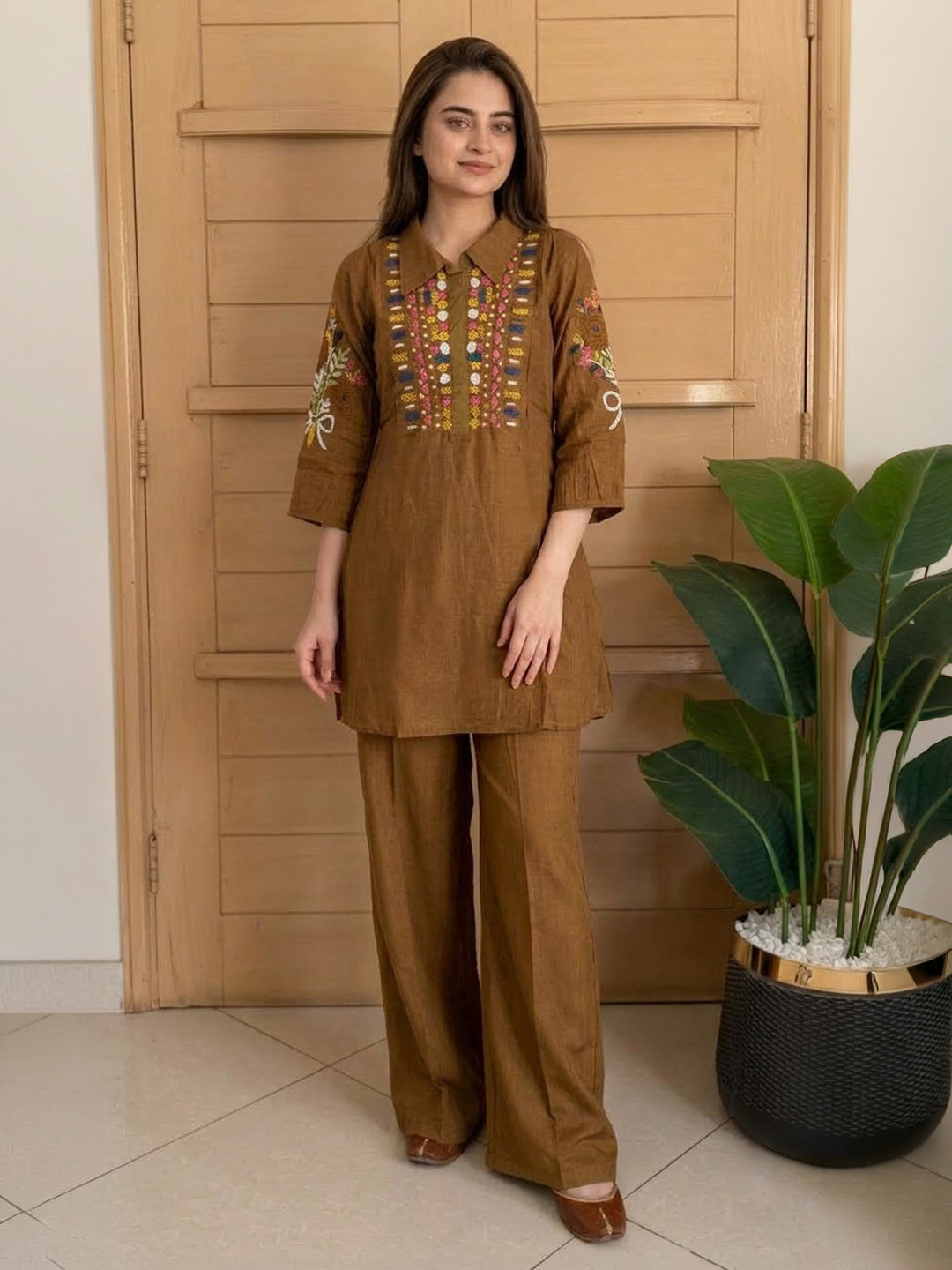Brown Printed Chanderi Kurta Set