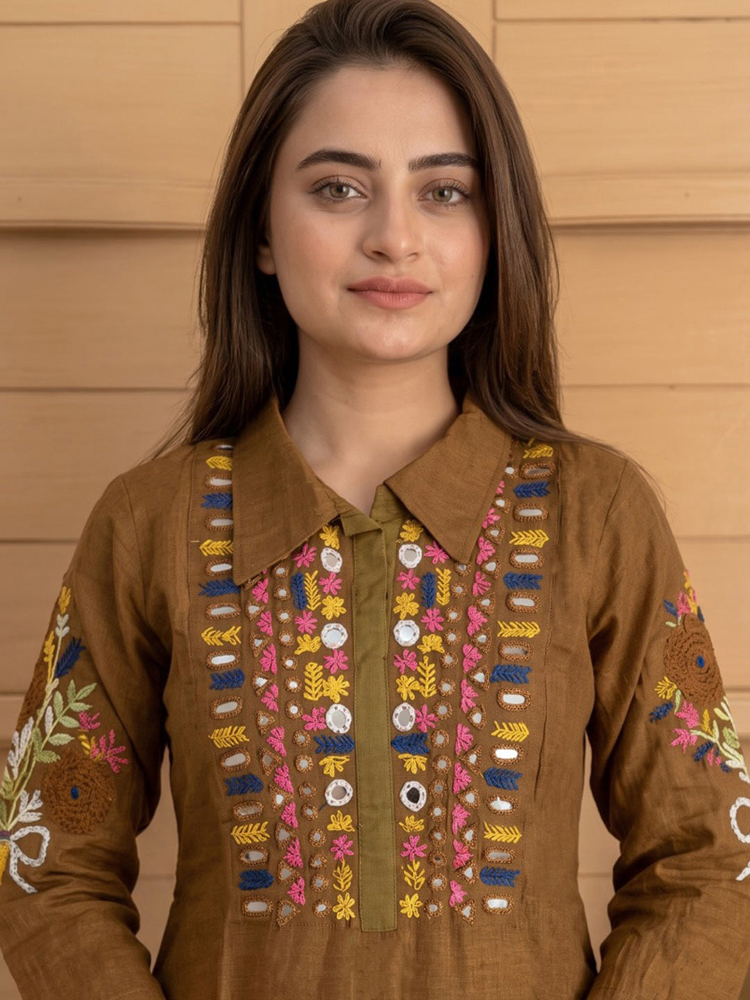 Brown Printed Chanderi Kurta Set