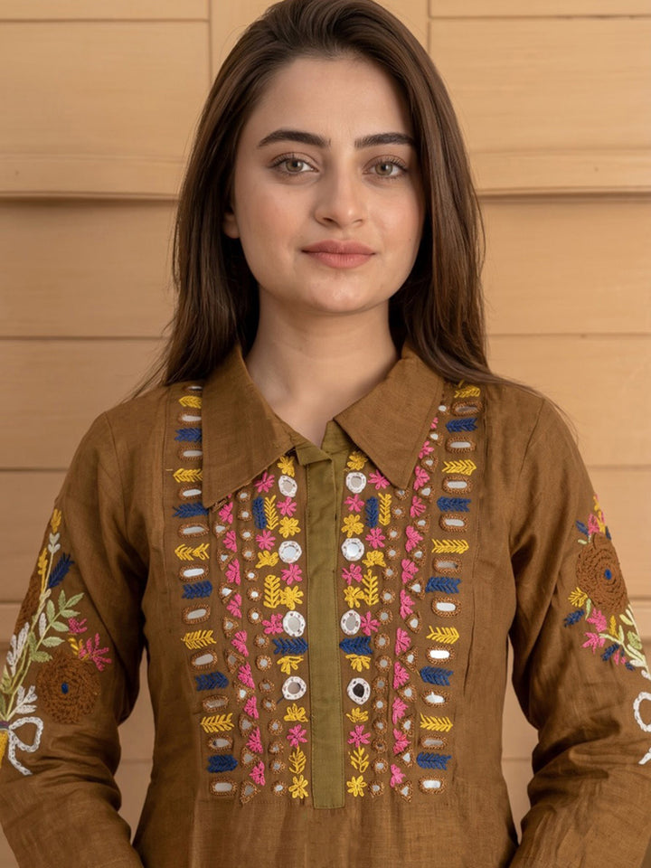 Brown Printed Chanderi Kurta Set