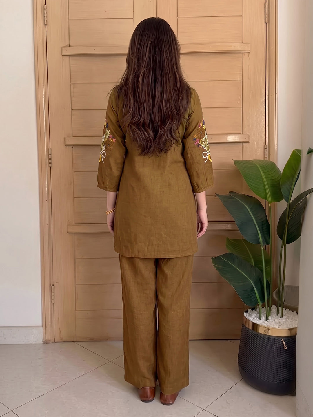 Brown Printed Chanderi Kurta Set
