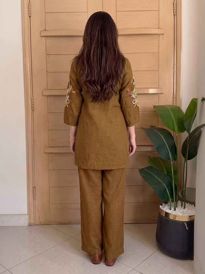 Brown Printed Chanderi Kurta Set
