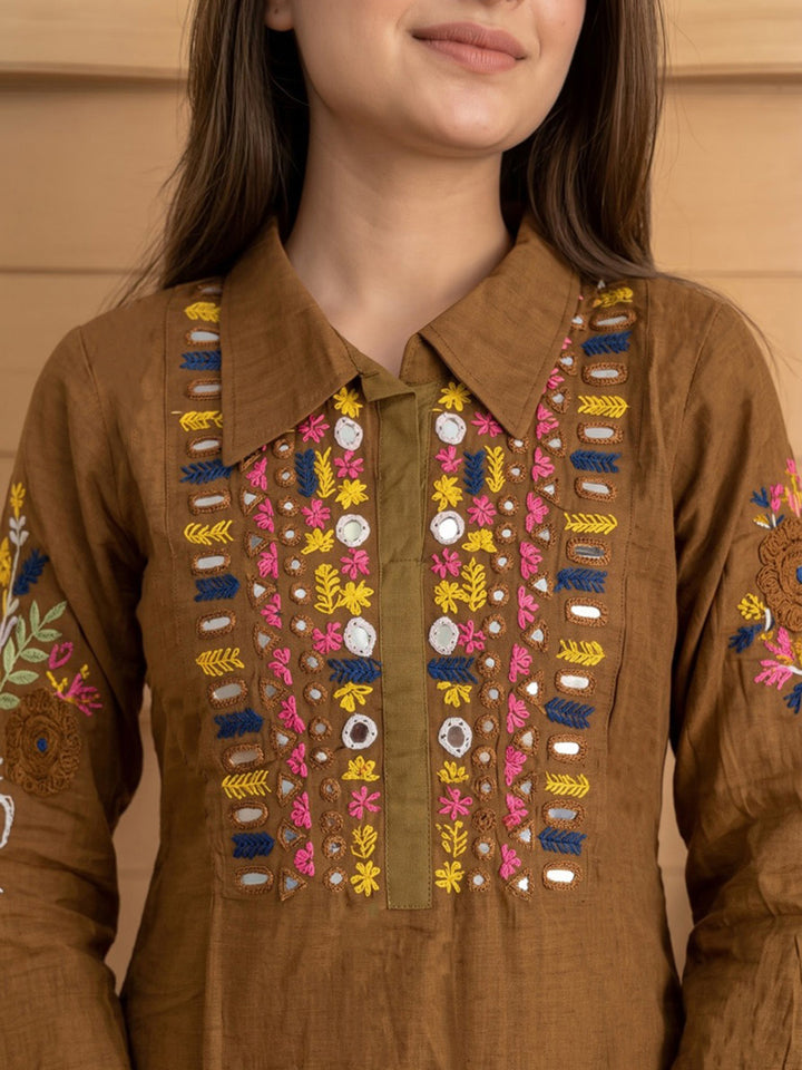 Brown Printed Chanderi Kurta Set