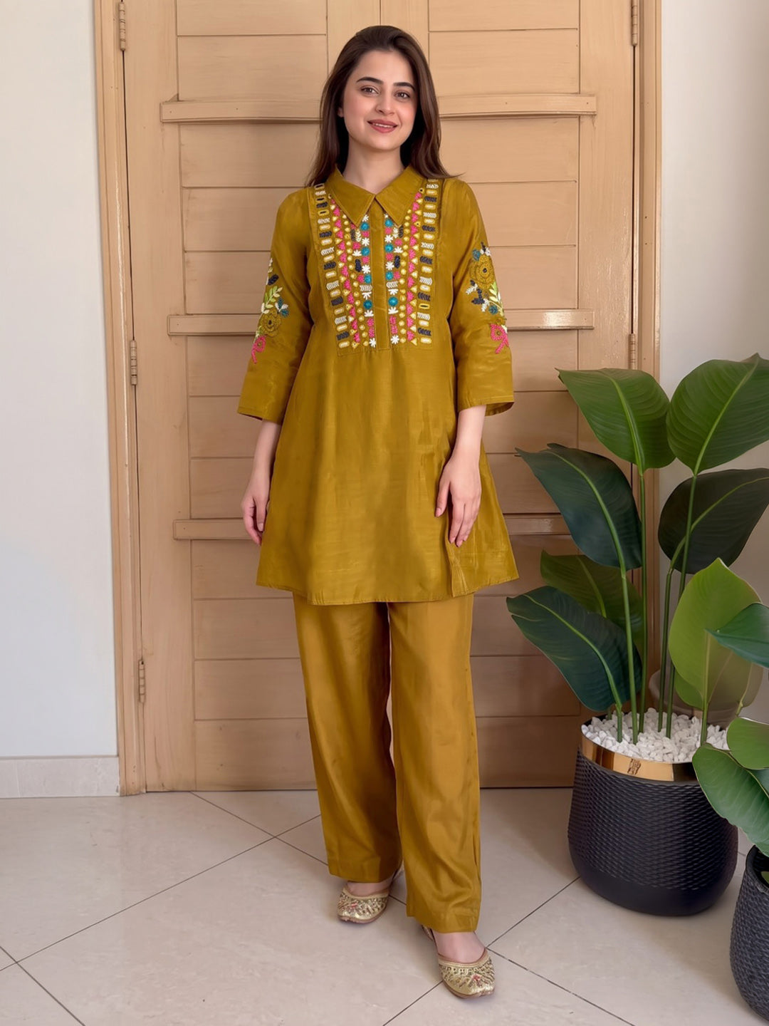 Mustard Printed Chanderi Kurta Set