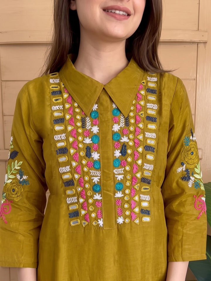 Mustard Printed Chanderi Kurta Set