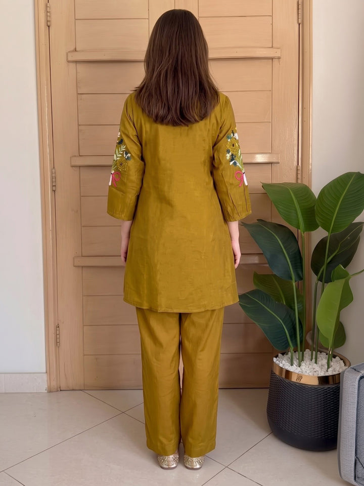 Mustard Printed Chanderi Kurta Set