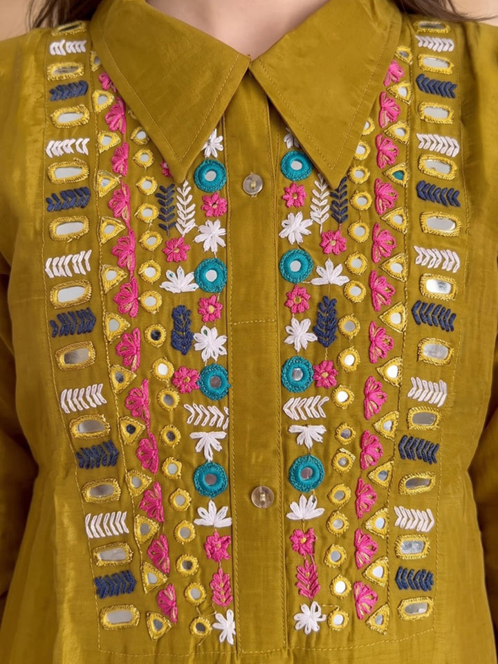 Mustard Printed Chanderi Kurta Set