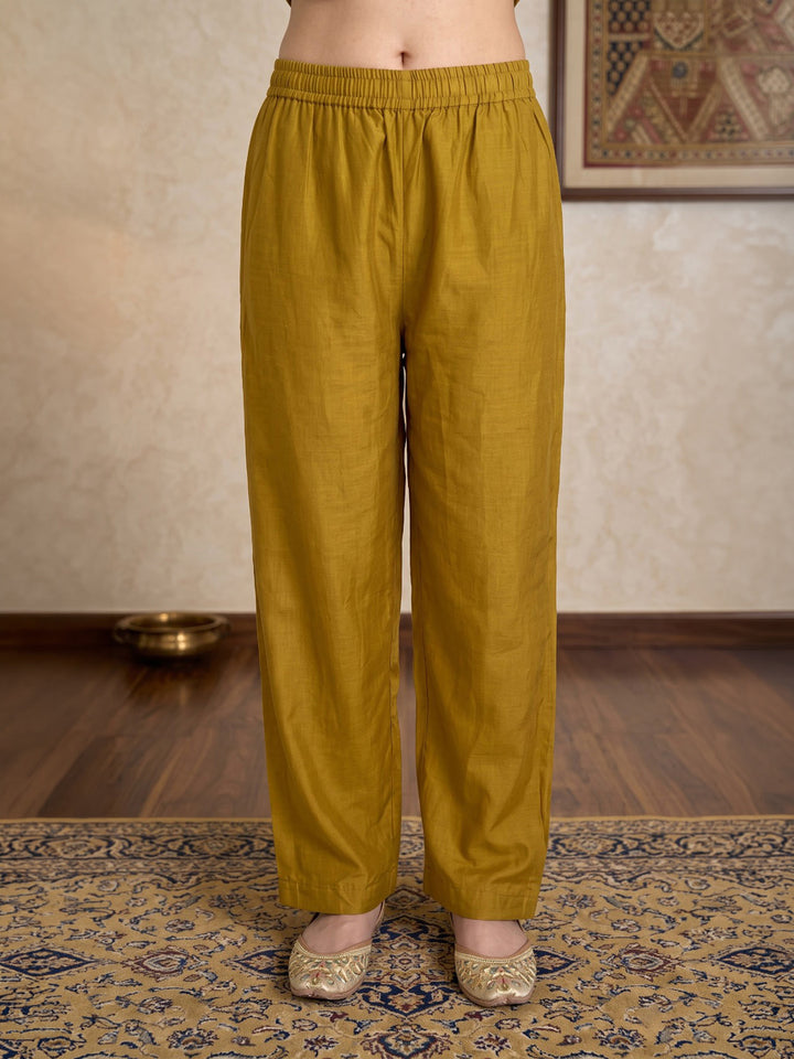Mustard Printed Chanderi Kurta Set