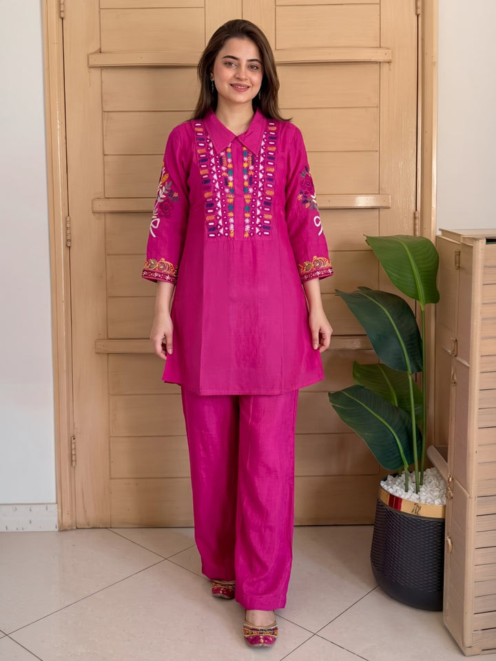 Pink Printed Chanderi Kurta Set