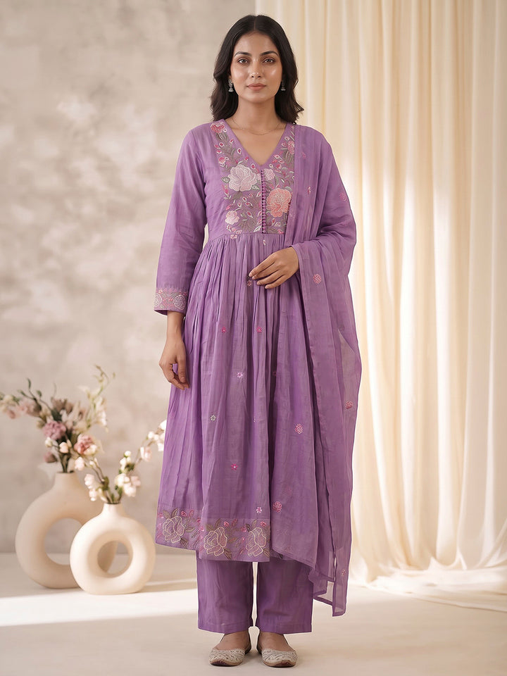 Purple Embroidered Cotton Blend Kurta With Pant &amp; Dupatta