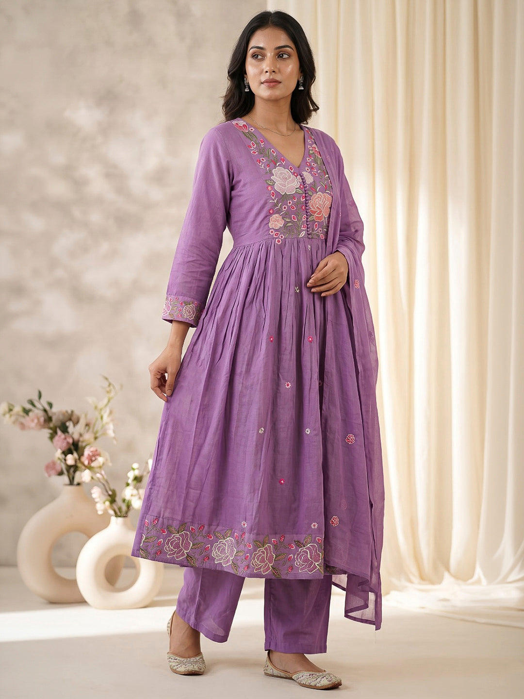 Purple Embroidered Cotton Blend Kurta With Pant &amp; Dupatta