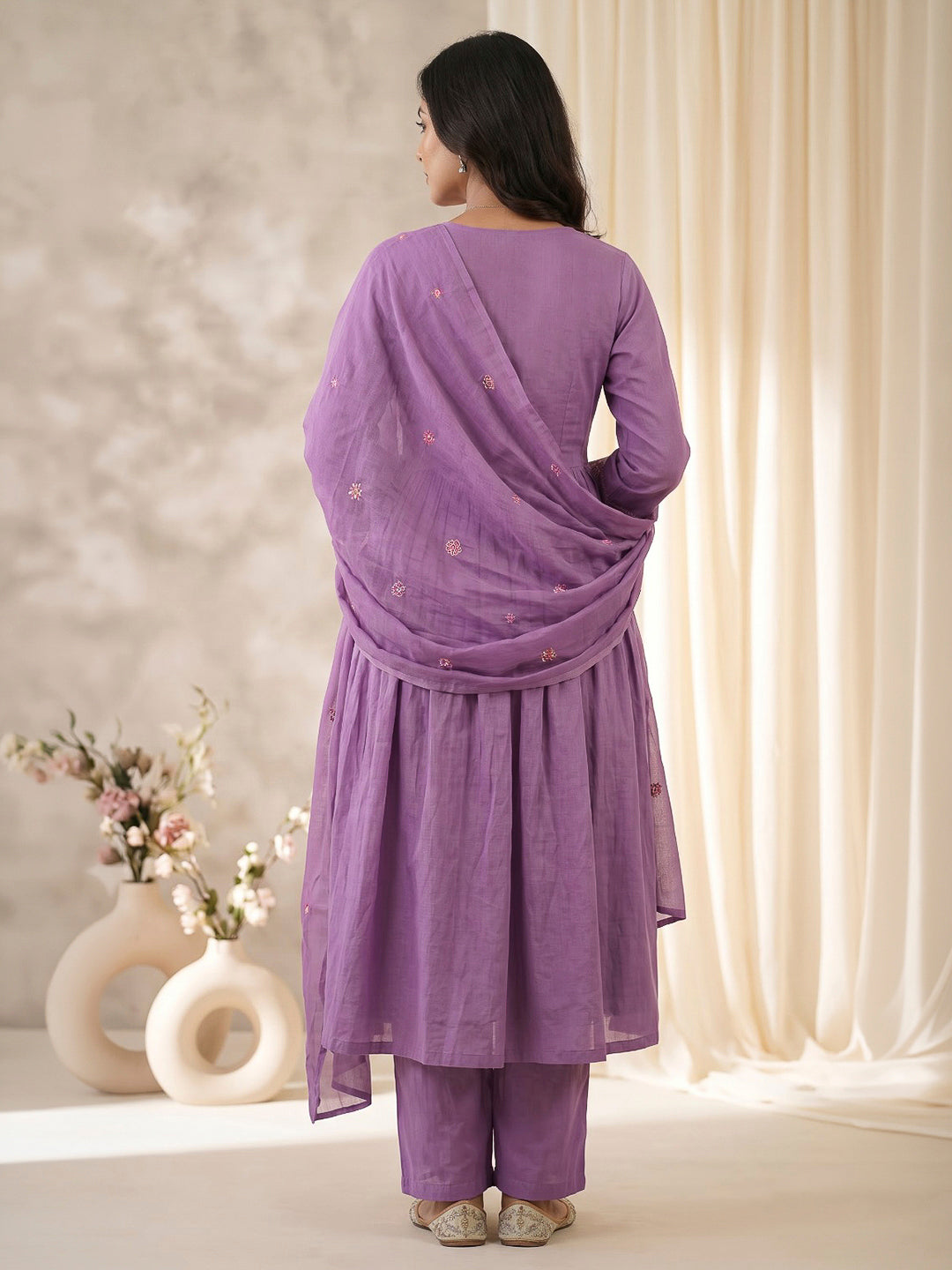 Purple Embroidered Cotton Blend Kurta With Pant &amp; Dupatta