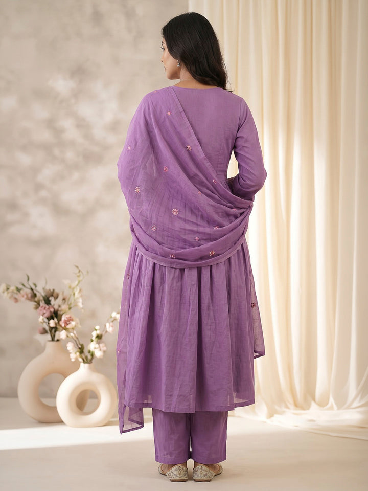 Purple Embroidered Cotton Blend Kurta With Pant &amp; Dupatta