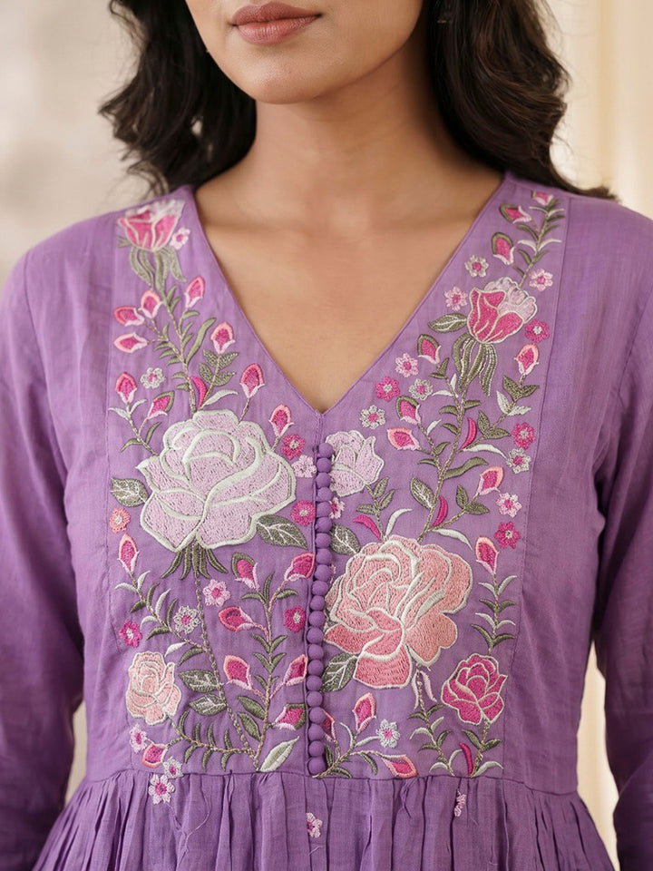Purple Embroidered Cotton Blend Kurta With Pant &amp; Dupatta