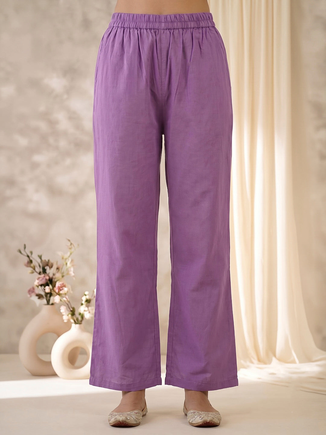 Purple Embroidered Cotton Blend Kurta With Pant &amp; Dupatta