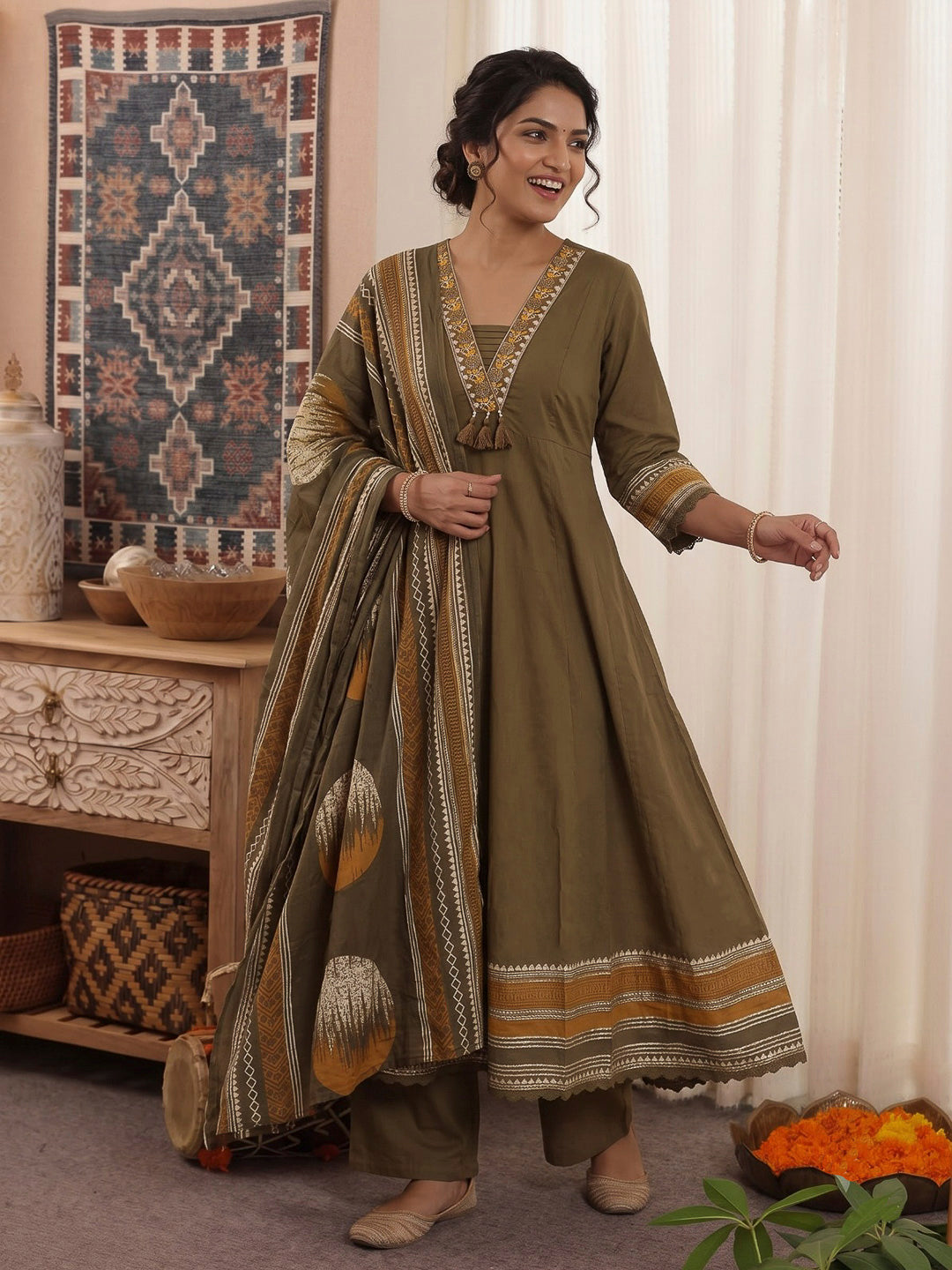 Mehndi Printed Cotton Blend Kurta With Pant &amp; Dupatta