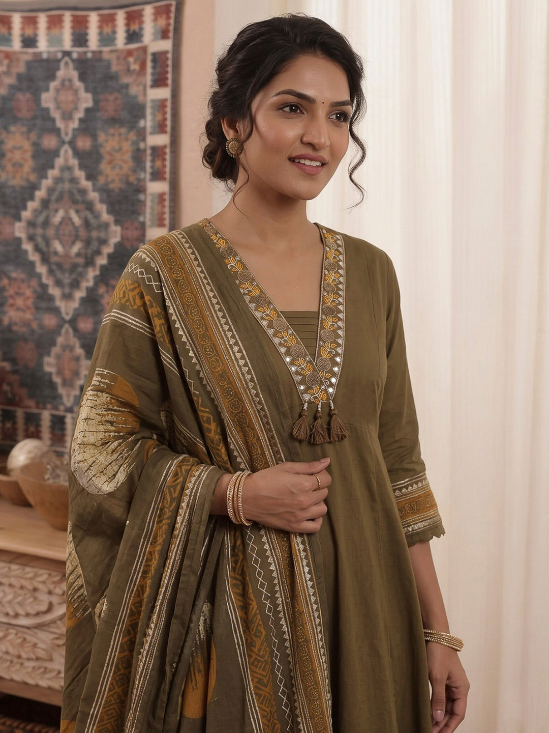 Mehndi Printed Cotton Blend Kurta With Pant &amp; Dupatta