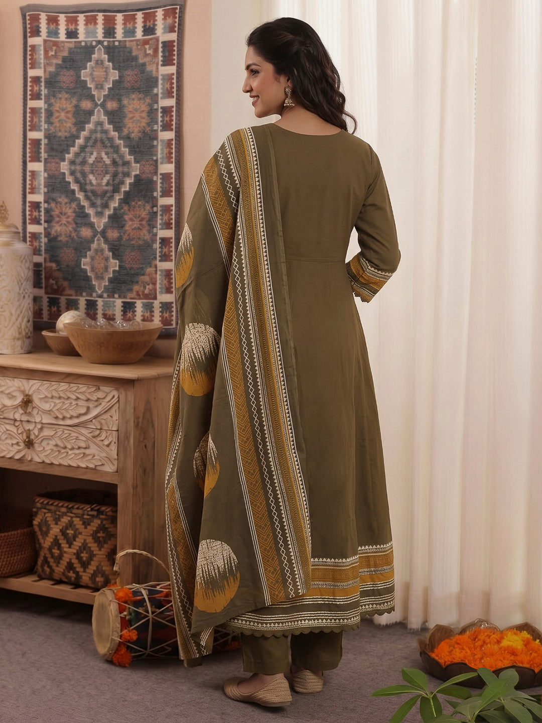 Mehndi Printed Cotton Blend Kurta With Pant &amp; Dupatta